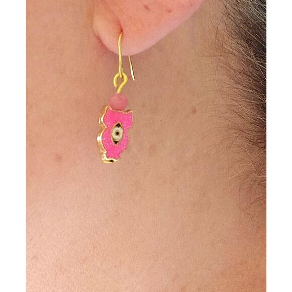 Pink Glitter Enamel Owl Earrings Evil Eye Drop Gold Plated Hook Wire Rose Quartz - Picture 2 of 6